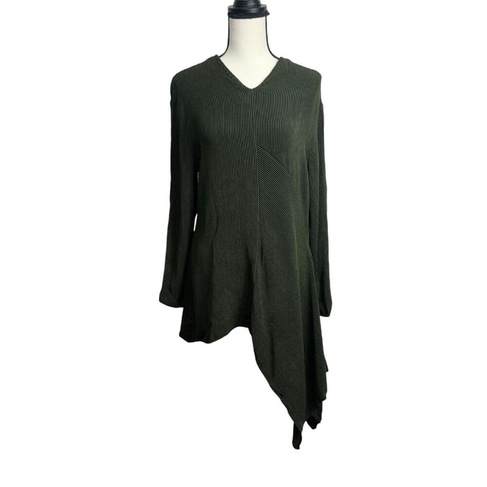 Vintage HINO & MALEE Green Black Striped Asymmetrical Lagenlook blouse‎ Small